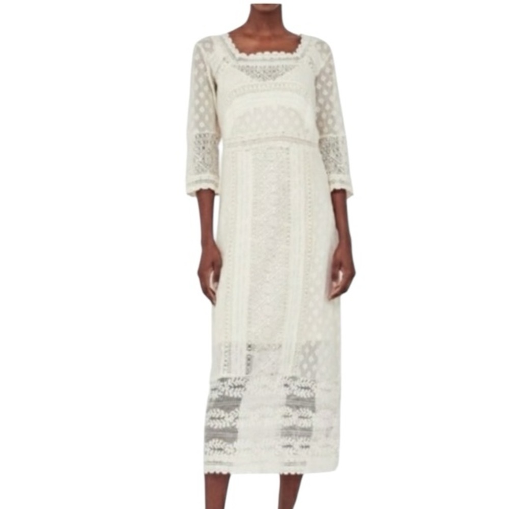 ZARA IVORY CREAM CROCHET LACE MIDI DRESS SIZE US SMALL